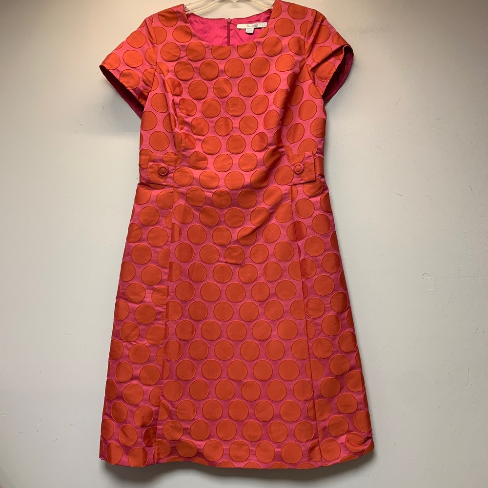 Boden Sheath Dress Womens 8L Pink Orange Polka Dot Excellent WH691 Short Sleeve